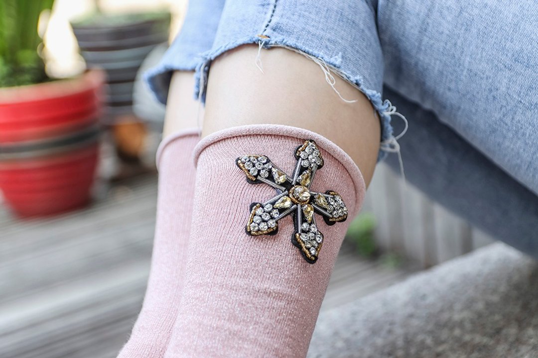 unni星语宝石推袜 袜子 保暖 socks 中筒袜 女袜 手工缝  刷毛 棉 - 袜子 - 棉 黄色
