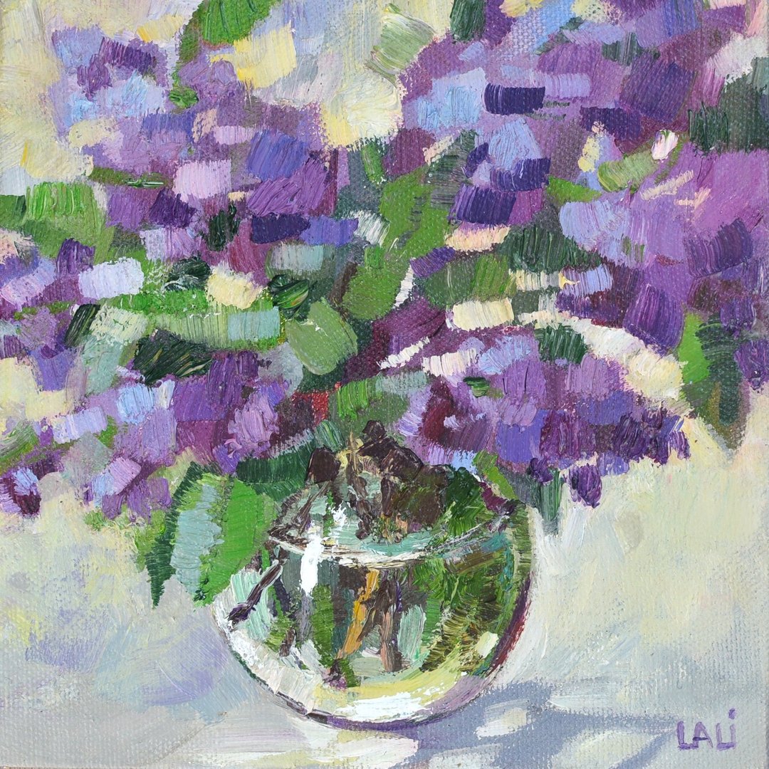 帆布面板上的原始油画15x15cm丁香花静物注射器 - 墙贴/壁贴 - 其他材质 紫色