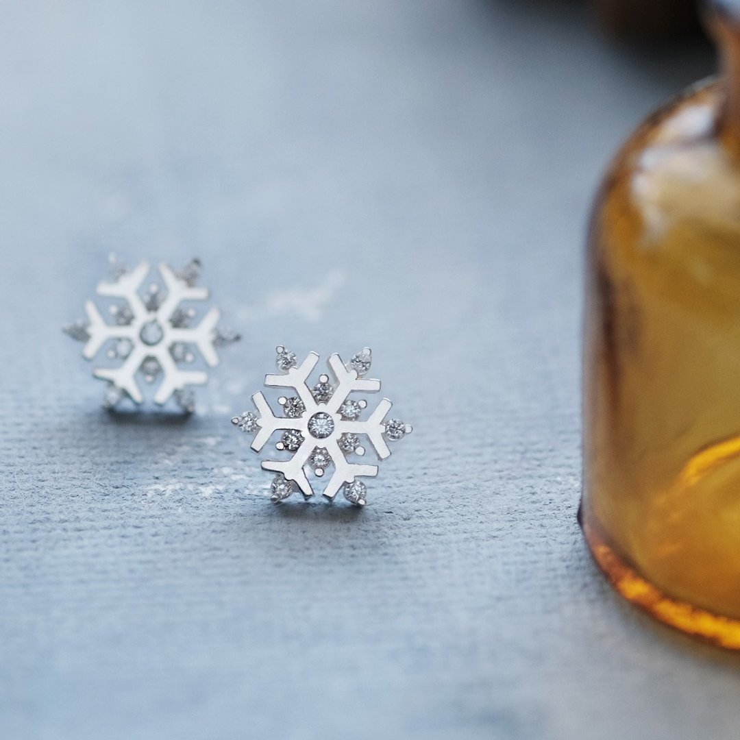雪花结晶耳环 925银 - 耳环/耳夹 - 其他金属 银色