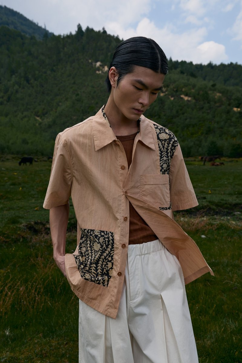 柿染拼接短袖衬衫 - 男装衬衫 - 棉．麻 