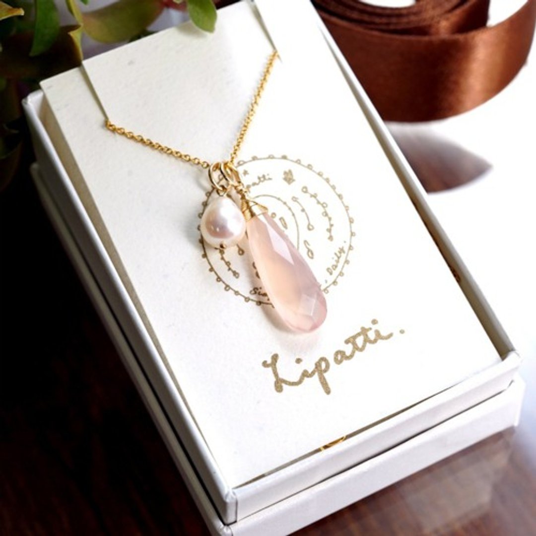 3 ways Pink chalcedony and pearl 50cm semi-long necklace Lenita - 项链 - 宝石 粉红色