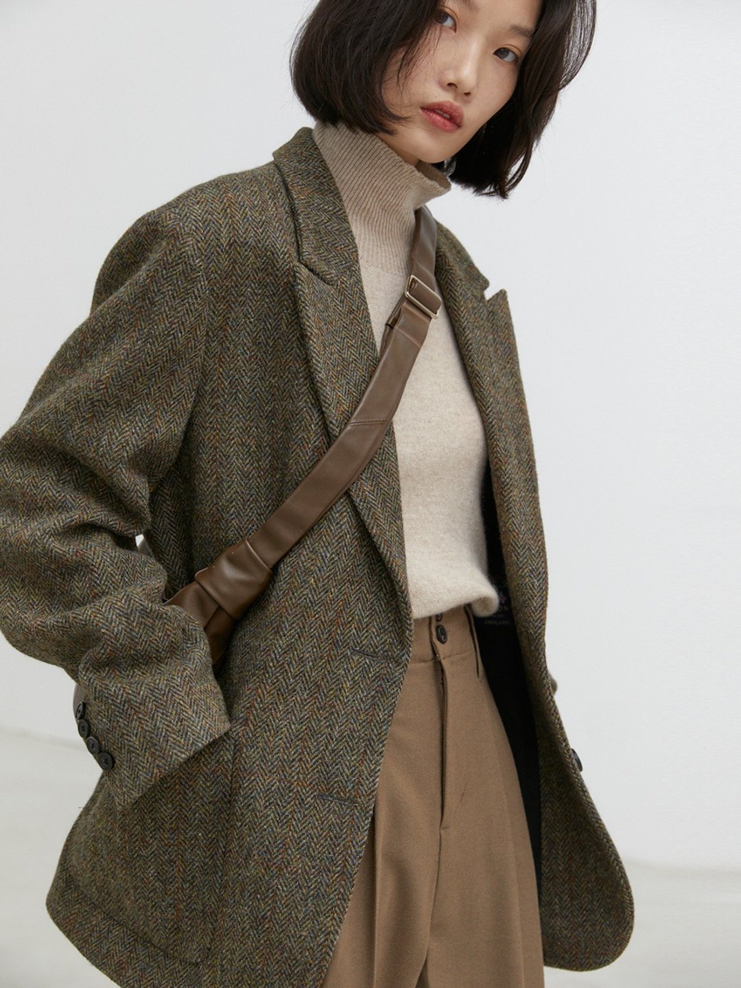杂花绿色 英国Harris Tweed 哈里斯绅士羊毛花呢复古宽松西装外套 - 女装西装外套/风衣 - 羊毛 绿色