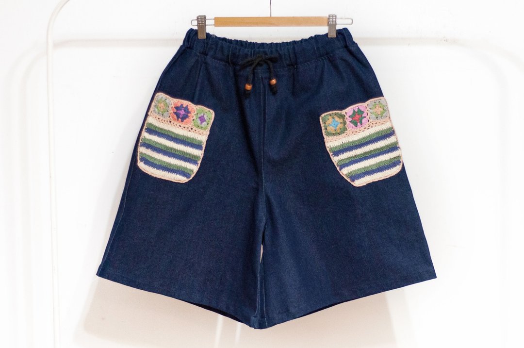 编织口袋宽裤/民族风花朵钩织宽裤/ethnic pants-波希米亚丹宁裤 - 女装长裤 - 棉 多色
