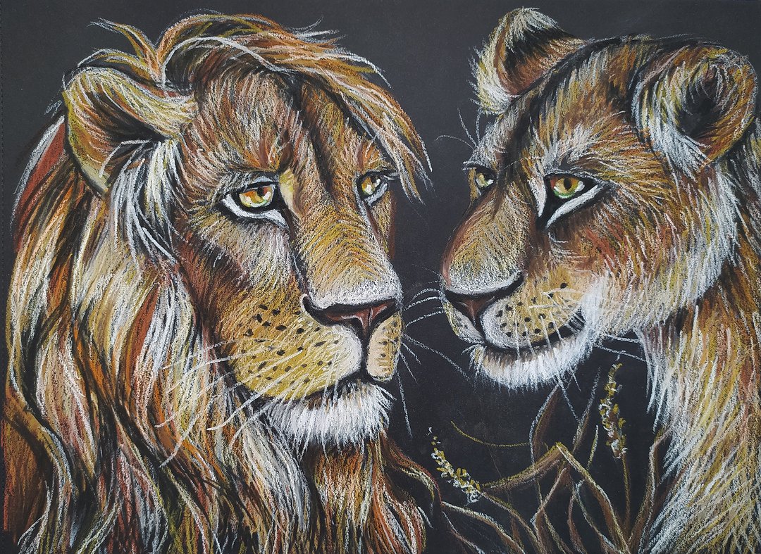 Portrait of beautiful lions painting oil pastel realism art couple of animals - 墙贴/壁贴 - 纸 咖啡色