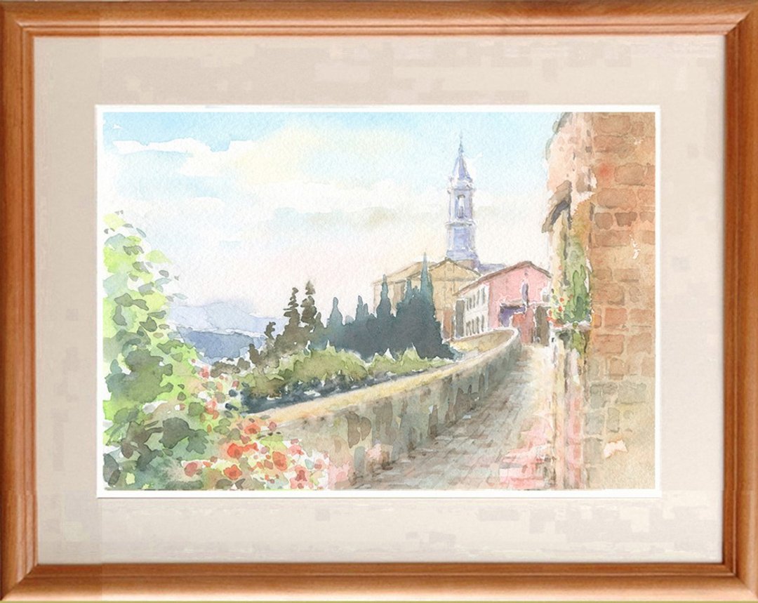 Made to order Original watercolor painting at Pienza in early summer 2 - 海报/装饰画/版画 - 纸 咖啡色