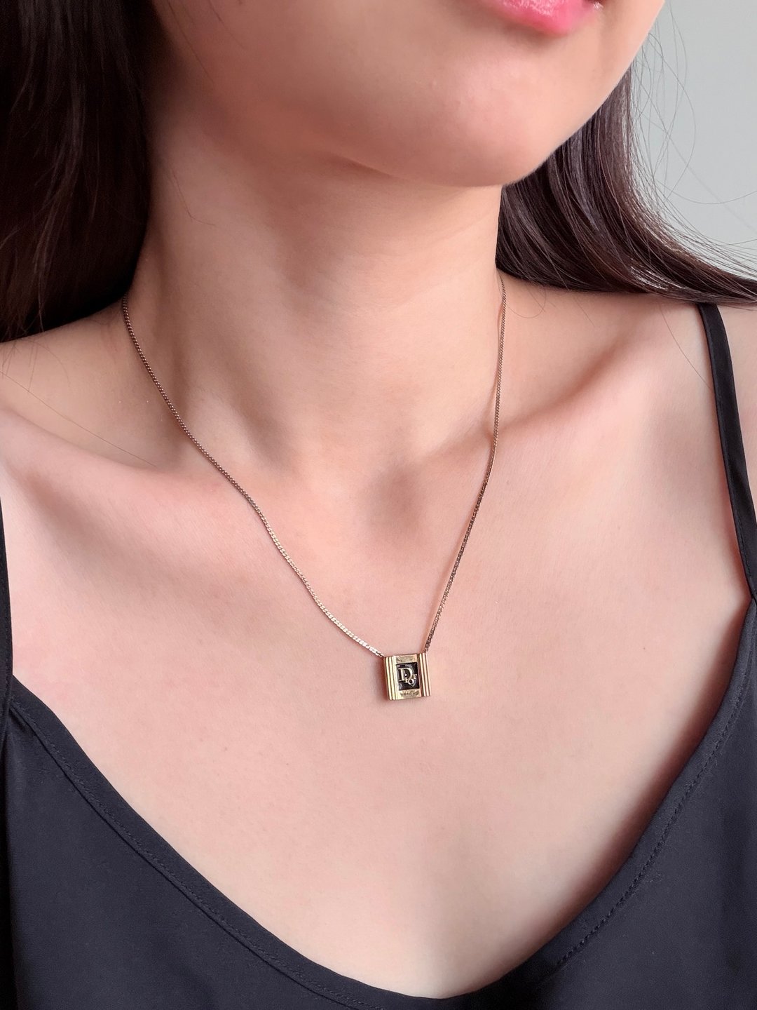 中古正品 Christian Dior 迪奥方形黑珐琅镀金项链 古董珠宝 礼物 - 项链 - 其他金属 黑色