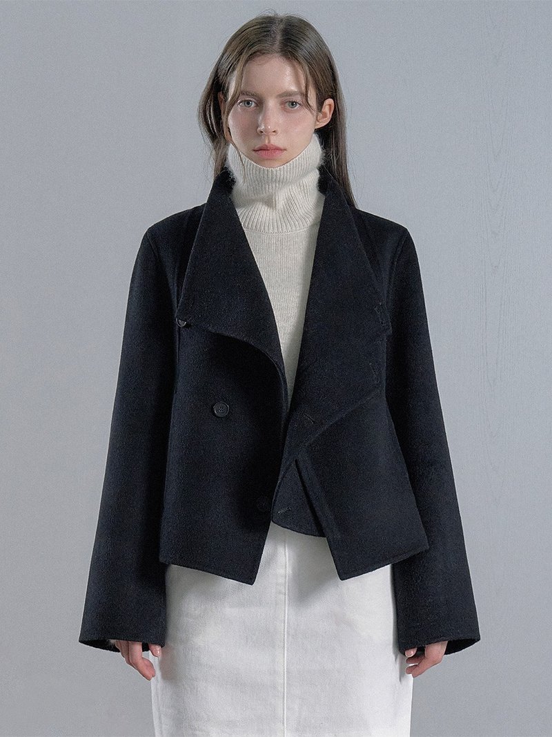 羊绒斜裁高领手工半长大衣 - Black/Camel - 女装休闲/机能外套 - 其他材质 黑色