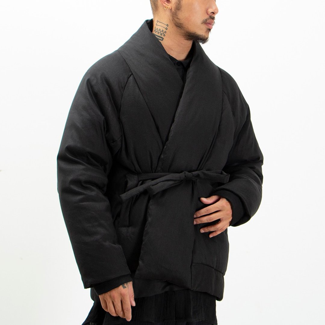日系男裝寬鬆中國風復古秋冬道袍短款加厚羽絨服外套 - 男装外套 - 棉 黑色