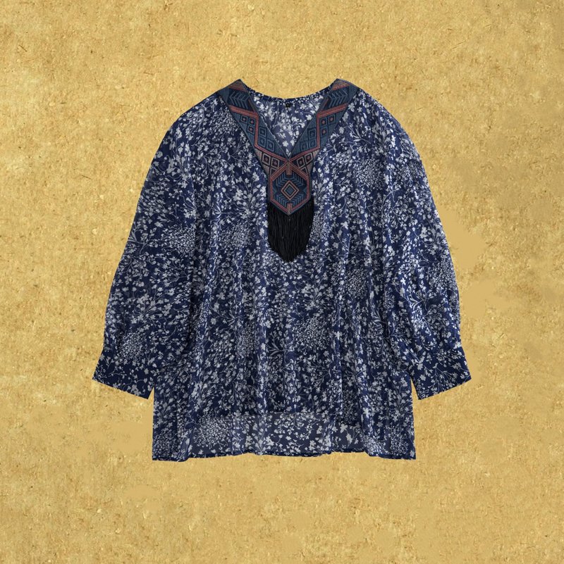 【碧绡云】 新中式復古香云纱 桑蚕丝刺绣上衣 - 女装上衣 - 丝．绢 蓝色