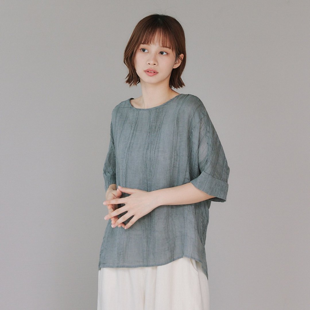 【Simply Yours】褶皱苎麻上衣 灰F - 女装 T 恤 - 棉 灰色
