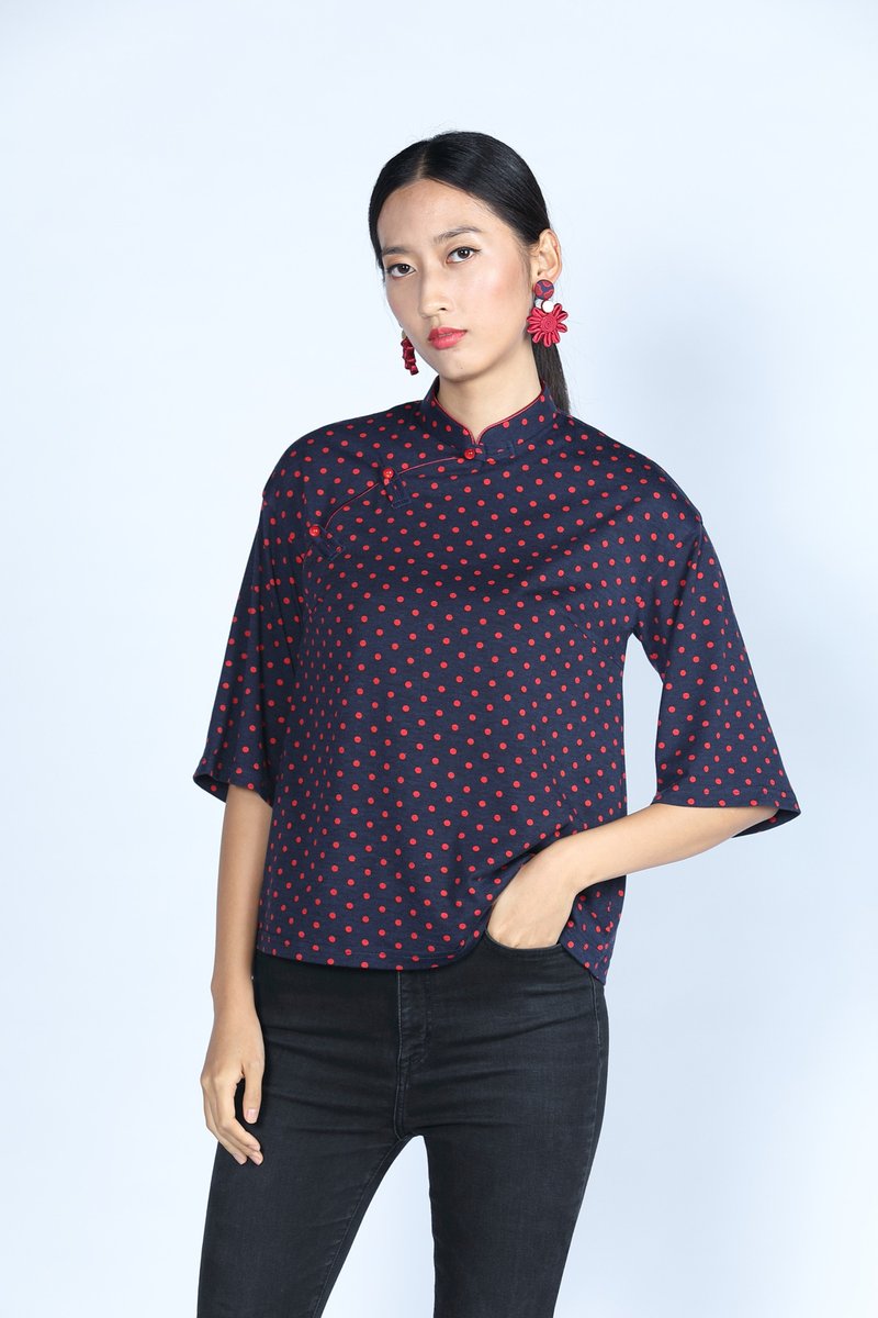 ESSIE波尔卡圆点上衣 - 海军蓝红色 - 女装上衣 - 棉．麻 