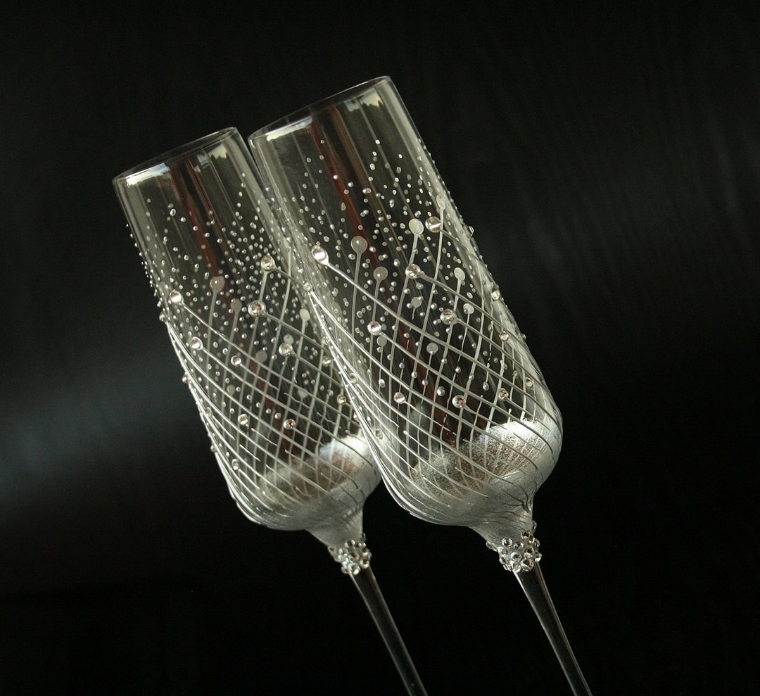 Wedding Champahne Glasses, Wine Glassesm Hand Painted Set of 2 - 酒杯/酒器 - 玻璃 银色