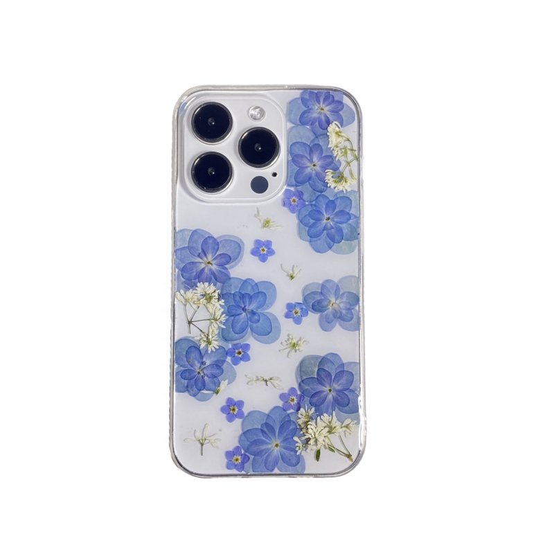 蓝色重瓣绣球押花手机壳 适用于iPhone 16 Pro Max Samsung S25 - 手机壳/手机套 - 植物．花 