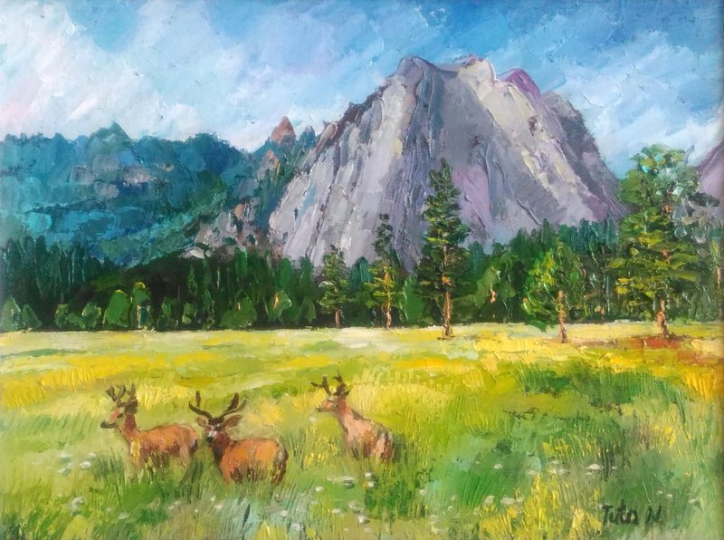 California Yosemite National Park Summer Landscape Painting Deer Art Mountain - 墙贴/壁贴 - 其他材质 