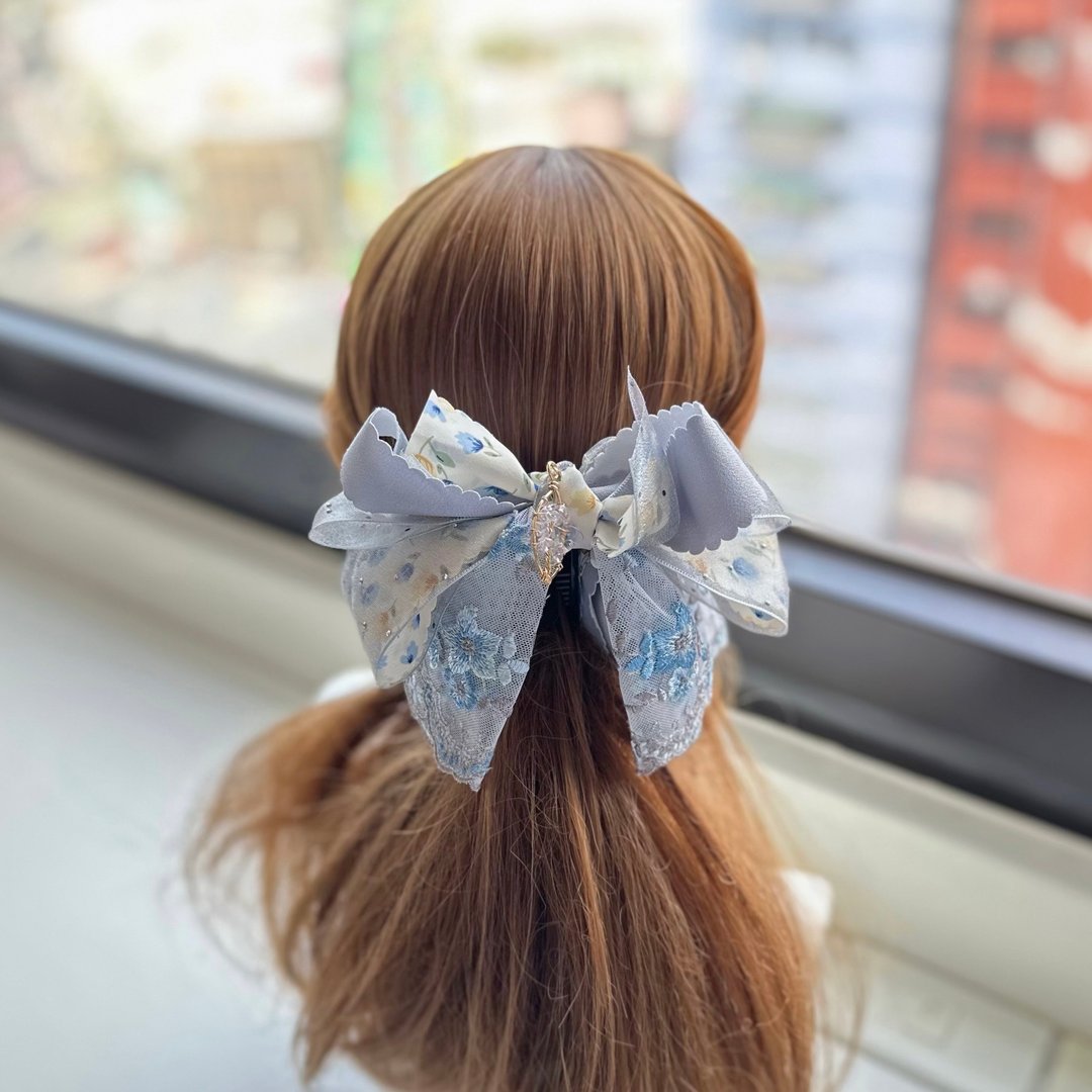 烫钻纱纱蕾丝蝴蝶结相交夹香蕉夹仙女夹发夹-蓝灰色 - 发饰 - 其他材质 蓝色