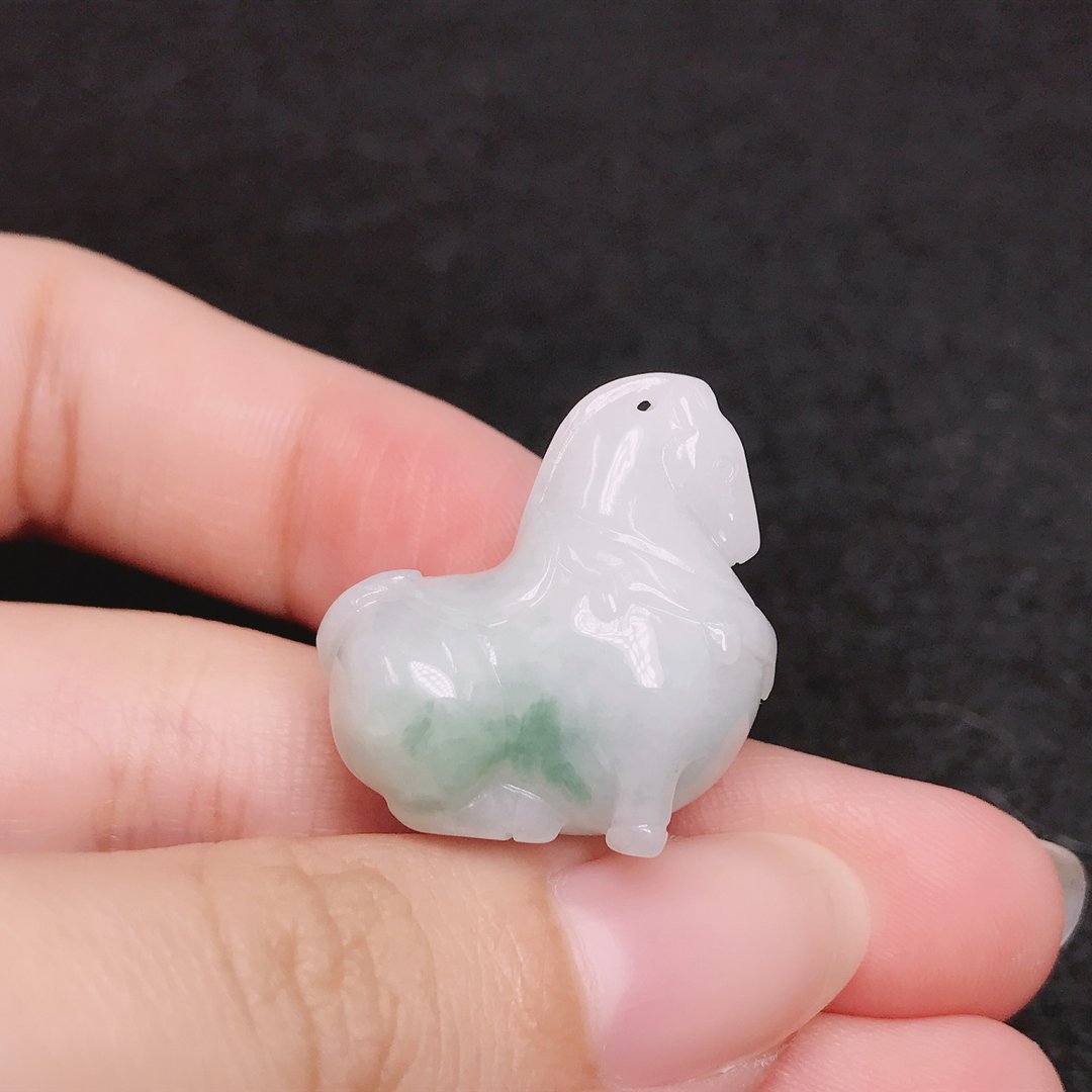 飘蓝花翡翠唐马 | 天然缅甸A货翡翠 | 送礼 - 吊饰 - 玉石 多色