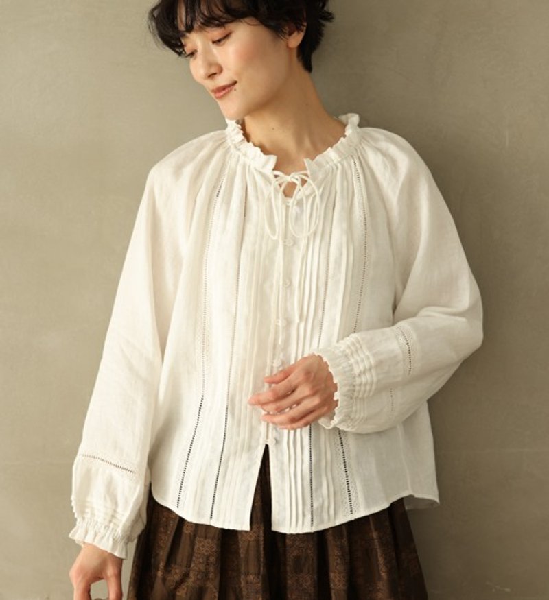 优雅亚麻衬衫 精致领口荷叶边   细腻针褶蕾丝设计白色  240310-1 - 女装上衣 - 棉．麻 