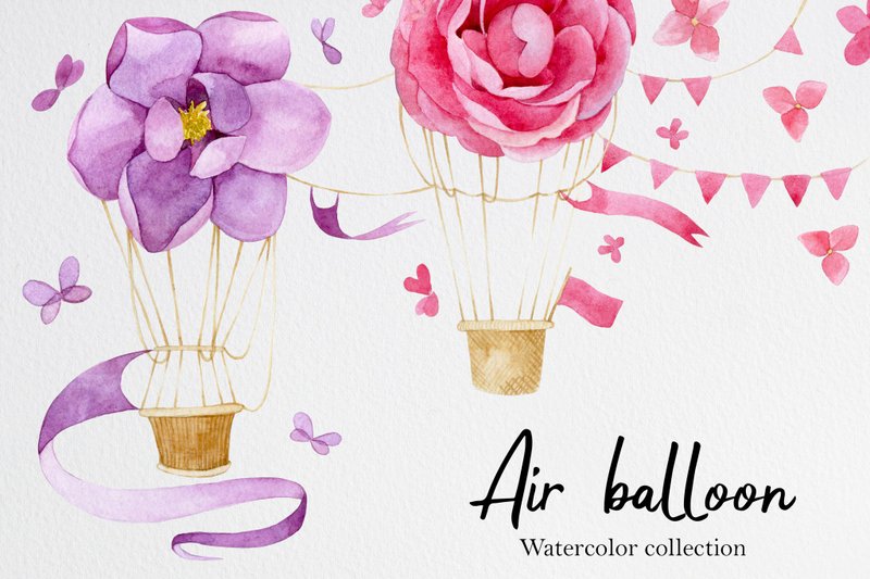 Watercolor set with air balloons and flowers. Clipart for printing. - 电子手绘真人画像/绘画/插画 - 其他材质 