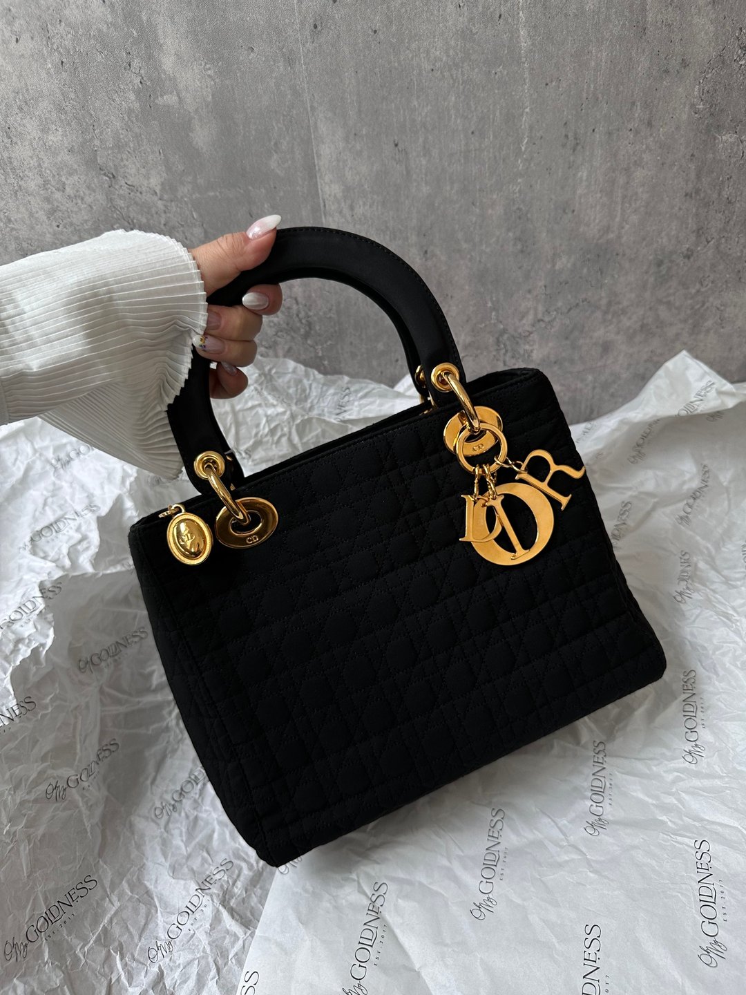 中古包 Dior 迪奥 Lady Dior 黑金布面款 - 手提包/手提袋 - 棉 黑色