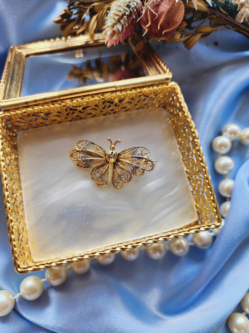 美国西洋古董饰品/ 意大利手工纯银鎏金蝴蝶掐丝累丝胸针/别针 - 胸针 - 纯银 