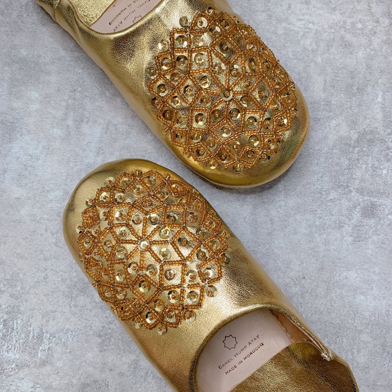 摩洛哥 babouche 静音室内拖鞋 撒哈拉金沙 - 室内拖鞋 - 真皮 金色