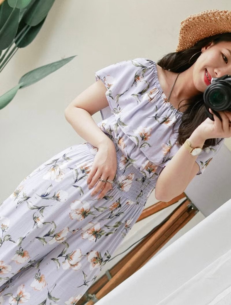 atmosphere 粉粉青春蓝紫宽袖 薄料棉质连身吊带连身连衣长裤 - 背带裤/连体裤 - 棉．麻 多色