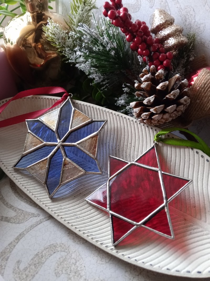两件一组雪花挂饰，圣诞装饰梅尔卡巴简约彩绘玻璃 - 其他 - 玻璃 多色