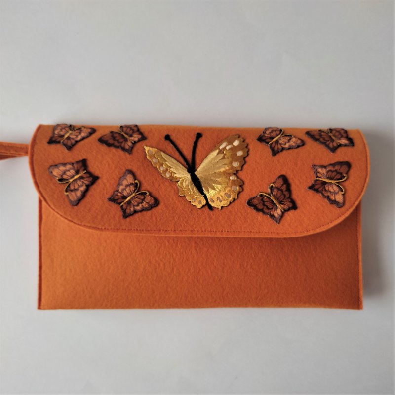 手拿包  felt clutch handmade with butterflies small handbag with short handle - 手拿包 - 其他人造纤维 橘色