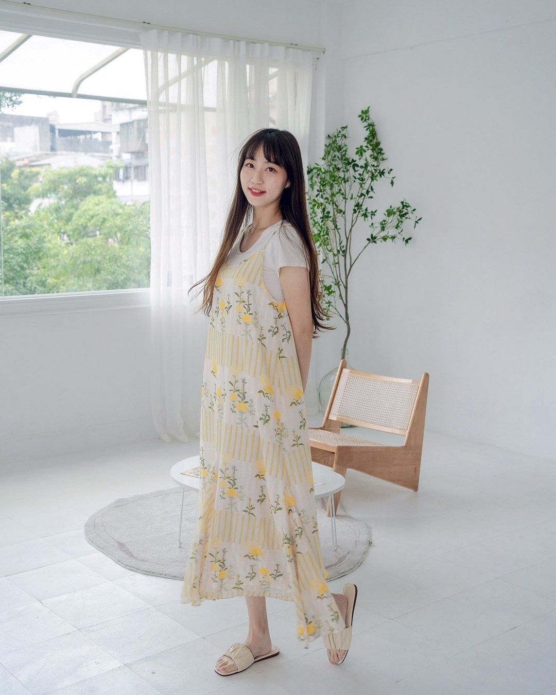 【波丽印花】浮夸鱼尾裙 细肩带洋装 长裙 小凑日和 油菜花 - 洋装/连衣裙 - 棉 黄色
