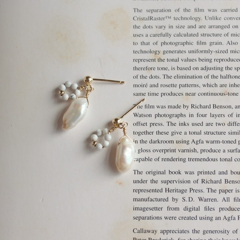 【礼物】依偎-天然珍珠白纹石耳环14KGF注金 - 耳环/耳夹 - 珍珠 白色