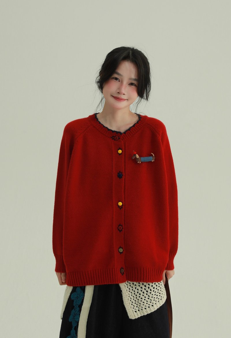 3顔色 聖誕小狗 臘腸小狗糖果扣毛衣 軟糯慵懶寬鬆針織開衫上衣 - 女装针织衫/毛衣 - 其他人造纤维 红色
