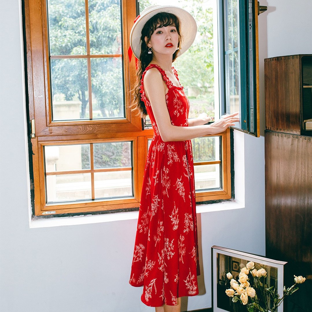 【满送吊带】2019女装夏季穿搭 荷叶边吊带连身裙洋装 9218 - 洋装/连衣裙 - 聚酯纤维 红色