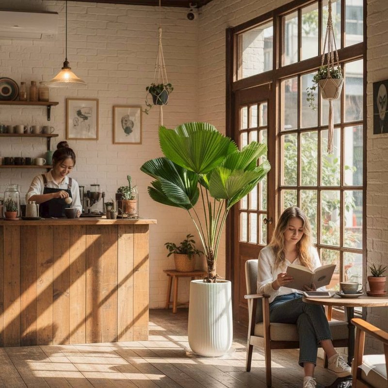 高挑圆扇蒲葵水泥大盆栽 直条纹湛白高盆 落地盆栽礼 北欧极简 - 植栽/盆栽 - 植物．花 
