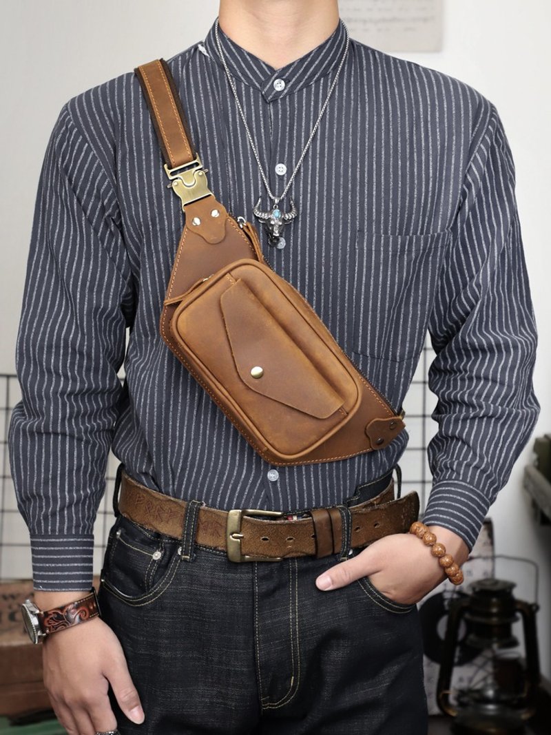 复古牛皮腰包 手工真皮随身胸包 肩背腰包 斜跨单肩包 侧背包 - 侧背包/斜挎包 - 真皮 咖啡色