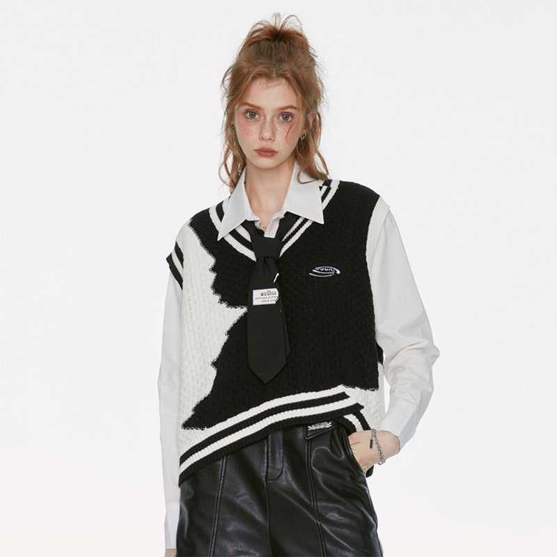 女黑白拼接V领针织毛衣 不规则下摆马甲无袖背心 - 女装针织衫/毛衣 - 棉．麻 