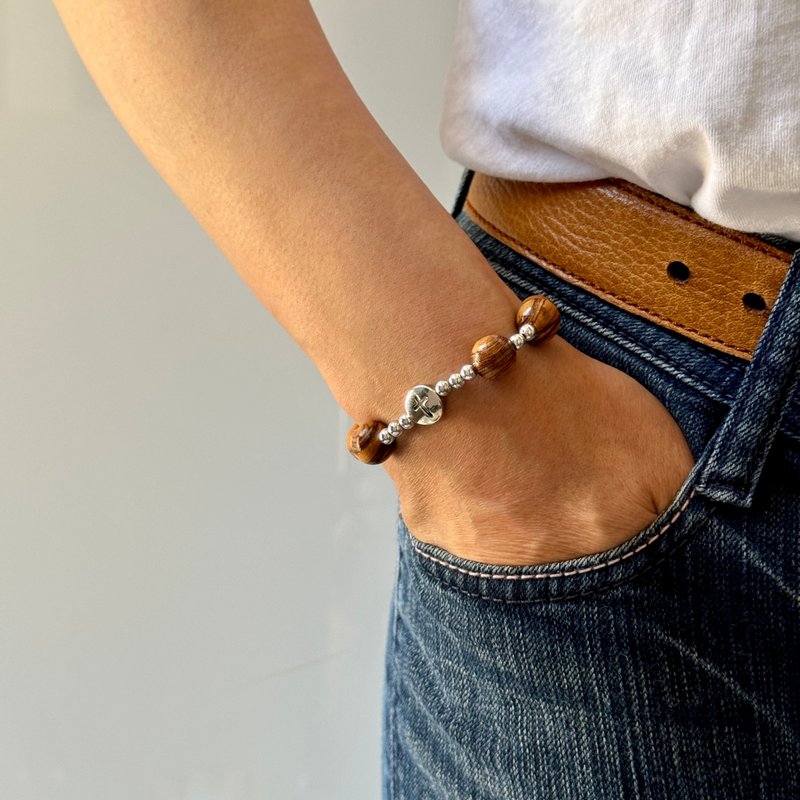 手链 进口8mm橄榄木珠 银色隔珠 搭配得永生十字架 8250821 - 手链/手环 - 木头 咖啡色