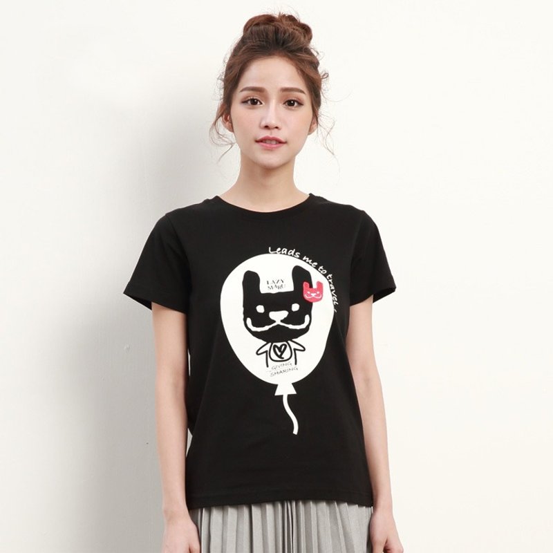 LAZYMARU-LM000670带我去旅行经典款(黑)法斗 情侣装 台湾文创 - 女装 T 恤 - 棉．麻 黑色