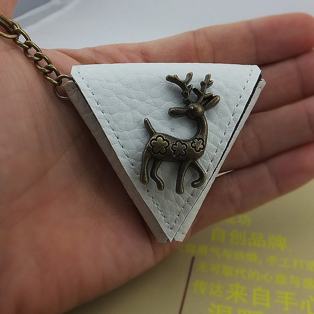 情人节礼物 定制 梅花鹿 三角形零钱包袋,吉他pick袋 钥匙扣 吊饰 - 零钱包 - 真皮 白色