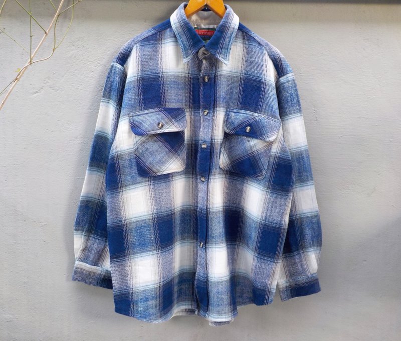 FOAK古着 海洋蓝白格子毛料衬衫 - 男装衬衫 - 其他材质 蓝色