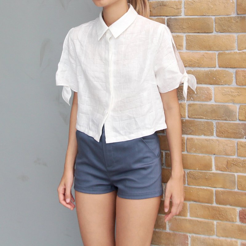 兔子蹦蹦跳亚麻短板白衬衫 (Bunny Hop Shirt (white)) - 女装衬衫 - 其他材质 白色