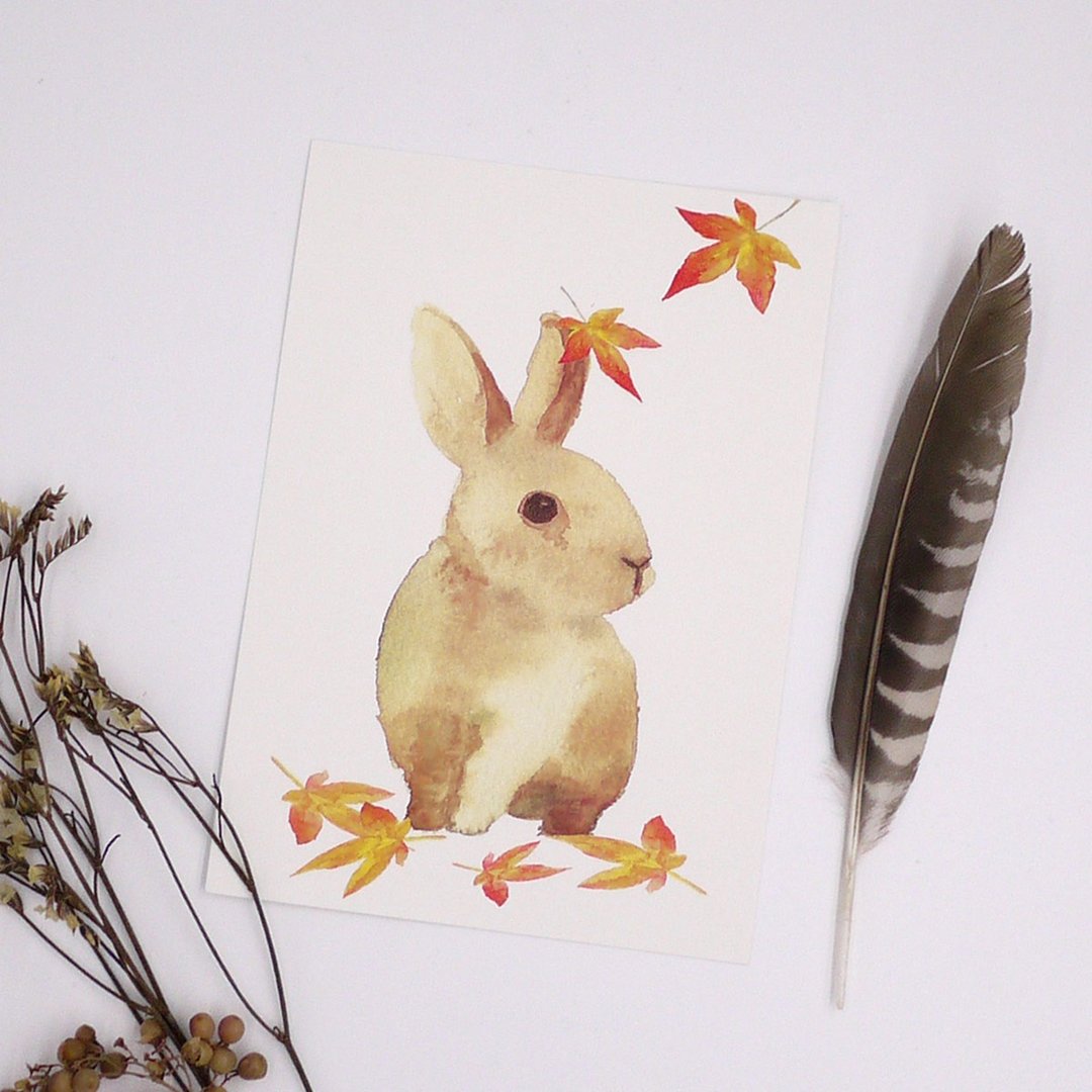 水彩画作落叶兔子 可爱 动物 明信片 / 卡片 / 贺卡 watercolour postcard - 卡片/明信片 - 纸 白色