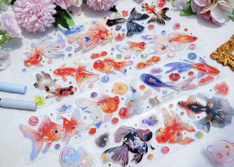 虹 色とりどりの金魚 PET 和紙膠帶 鐳射銀 10米卷 台灣製 - 纸胶带 - 其他材质 多色