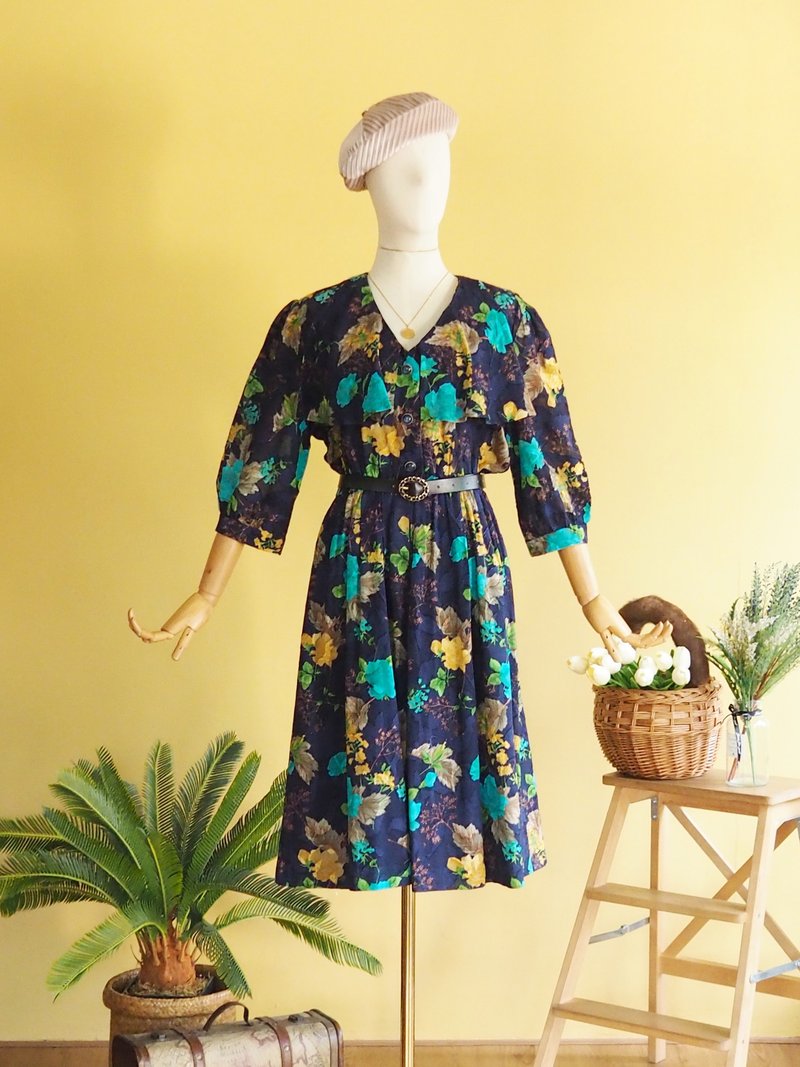 古著洋裝 | Size XL | Navy blue with floral pattern - 洋装/连衣裙 - 棉 蓝色
