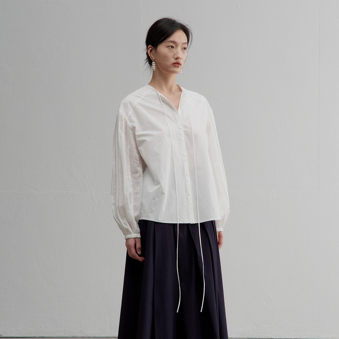 壓褶泡泡袖襯衫|春款|Autumn-0010 - 女装衬衫 - 棉．麻 白色
