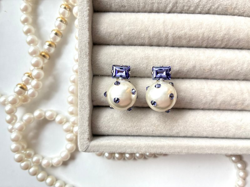 Grape dot stone【蓝锥矿/圆点/珍珠/紫色/圣诞节/宝石/小礼物/赠礼】 - 耳环/耳夹 - 珍珠 紫色