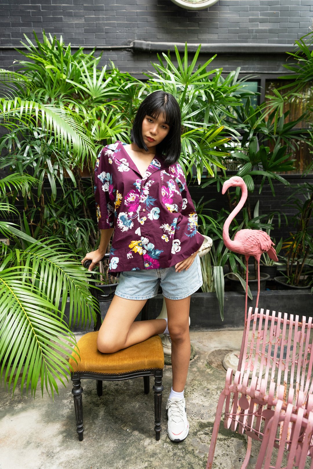 Oversized hawaii shirt, floral print cotton, gender-neutral - 男装衬衫 - 棉 紫色