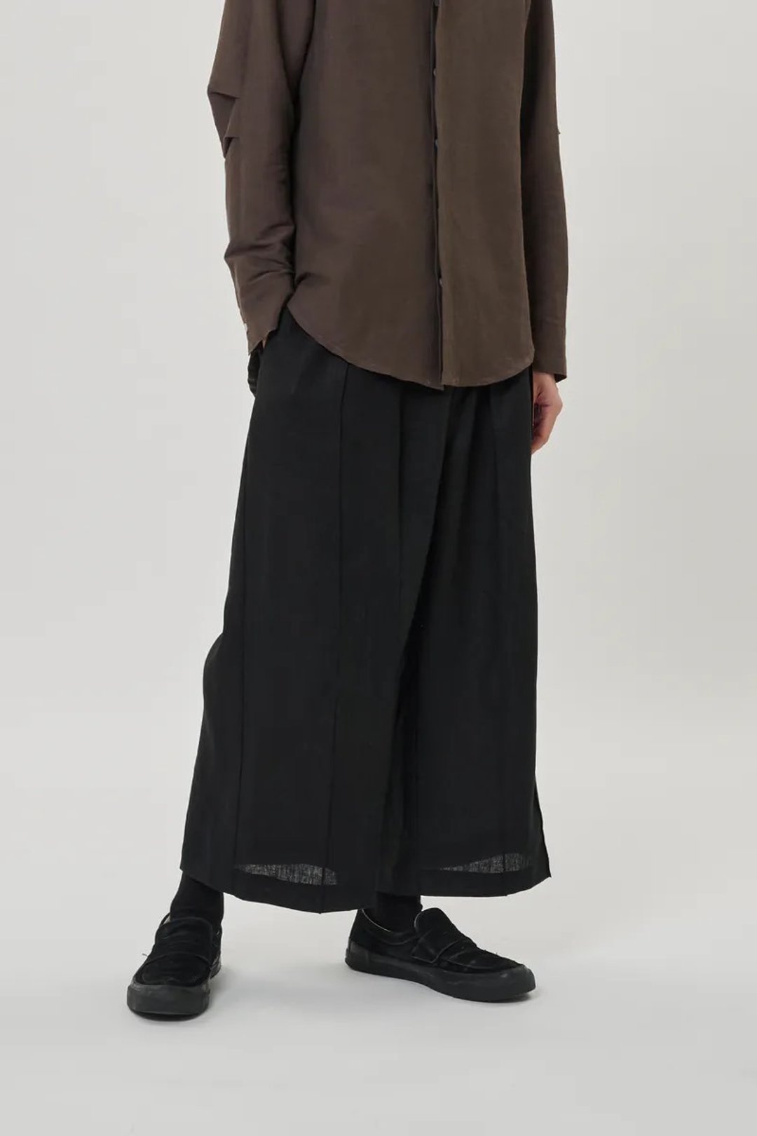 天然麻线褶宽裤 Pleats Hakama - 男士长裤 - 棉 黑色