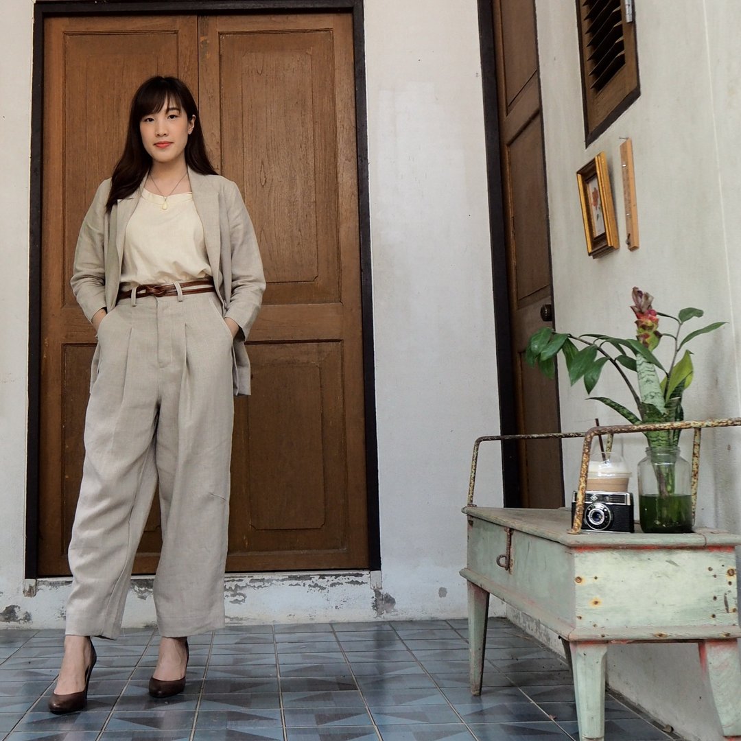 Balloon Linen Pants - 女装长裤 - 棉 卡其色