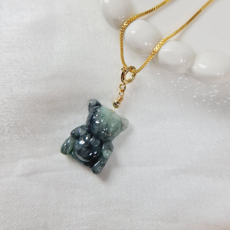 绿乌鸡小熊吊坠 | 天然缅甸玉A货翡翠 - 项链 - 玉石 