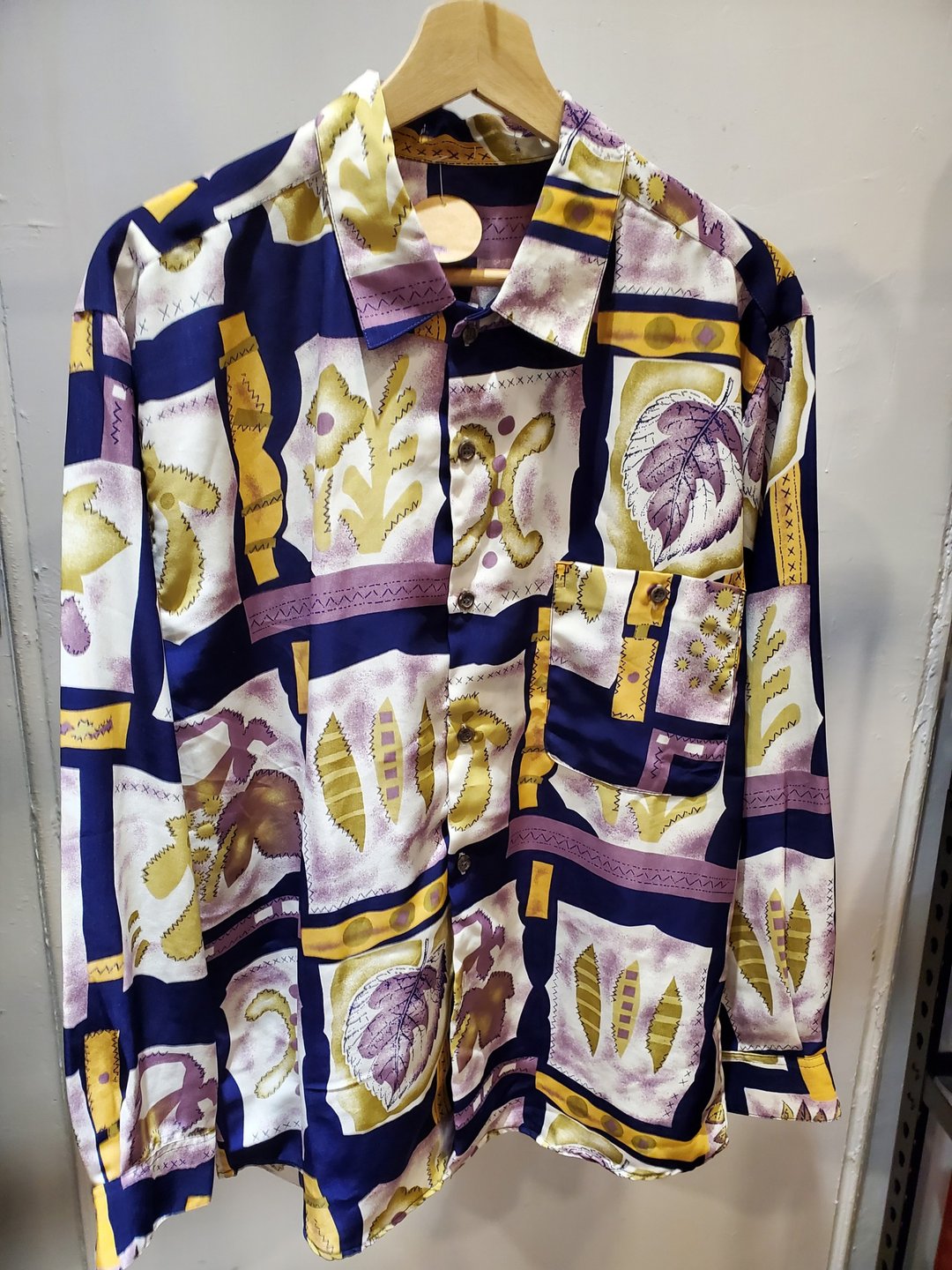 日本古着 丝质 凉感 植物图腾 长袖衬衫 近全新 - 女装衬衫 - 棉 紫色